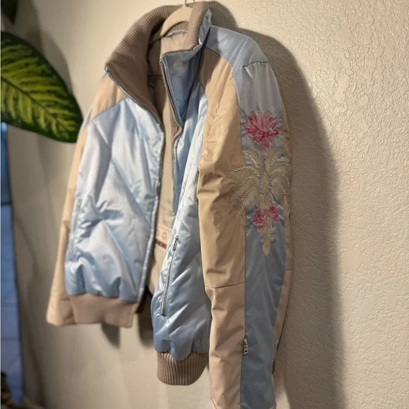 BOGNER Cream Blue Goose Down Floral Embroidered Zip Front Quilted Ski Jacket 10 - Picture 2 of 12